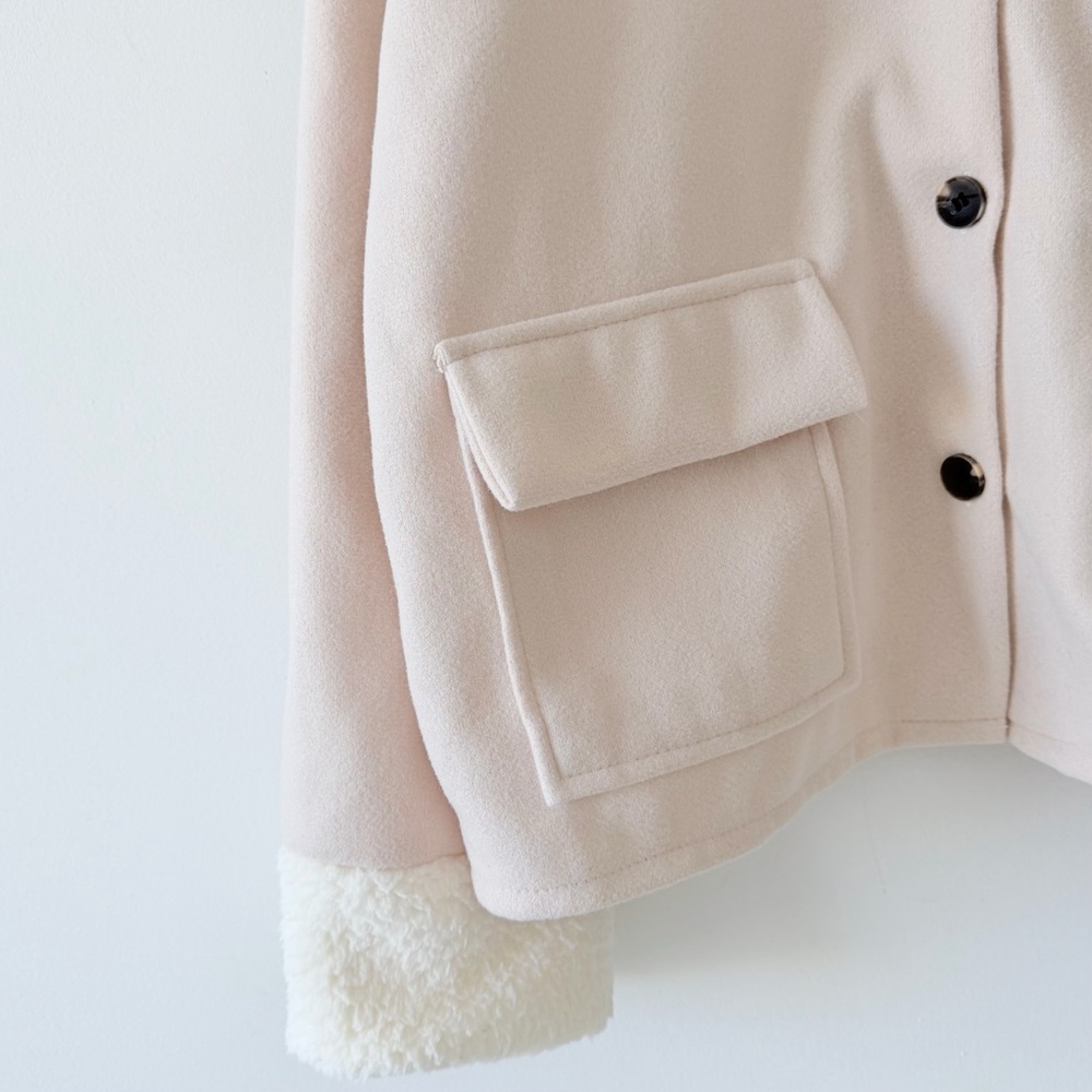 Beige Sherpa Trim Lightweight Korean Cozy Overshirt Jacket - Picture 3 of 12